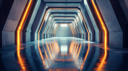 Fototapeta premium A futuristic hallway with a concrete floor. The scene is a 360-degree view, showing reflections and giving a sense of depth.