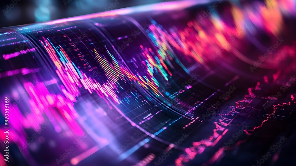 Poster vibrant futuristic financial data visualization with colorful abstract digital patterns. dynamic tec