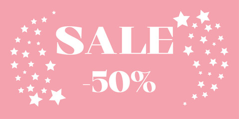 Pink coupon with white letters, numbers and stars for sale -50%