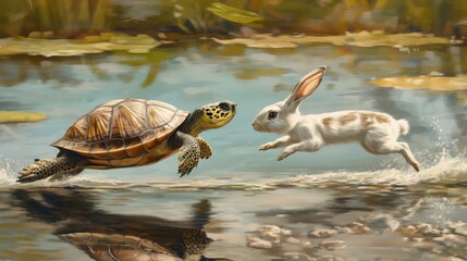 Create an image of the steady progress in the race, contrasted with the rapid but intermittent bursts of speed.