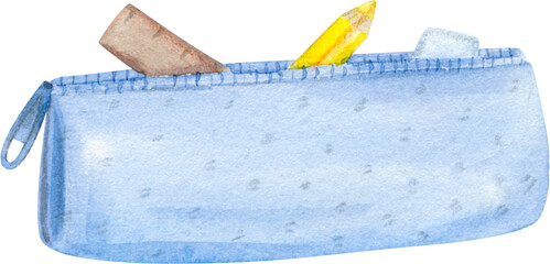 Watercolor Illustration School Blue Pencil Case with Stationery