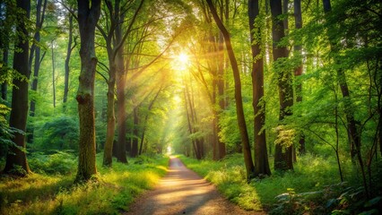 Fototapeta premium Serene forest path surrounded by greenery and sunlight filtering through the trees