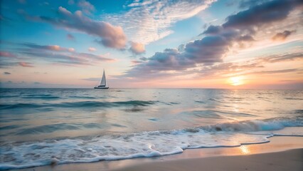 A serene beach scene at sunset, soft pastel colors in the sky, gentle waves lapping at the shore, a sailboat on the horizon