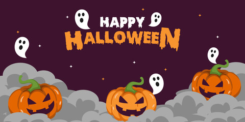 Halloween background with pumpkin and ghost on dark night and clouds background with copy space area