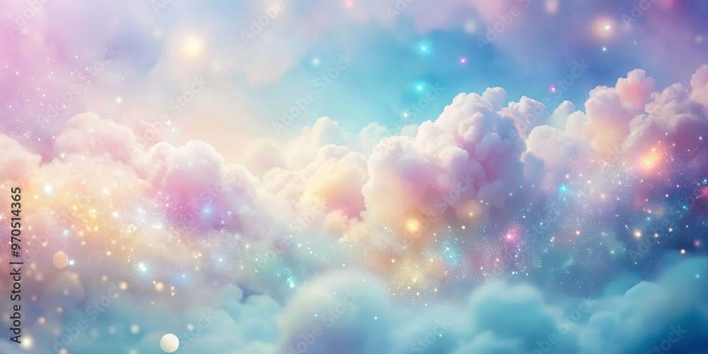 Wall mural abstract cloud-like background with pastel hues, shimmering particles, and textured elements