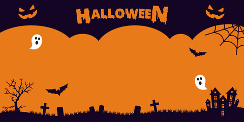 Halloween background silhouette, horror night holiday on cemetery. Halloween banner with castle and tombstones on graveyard