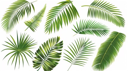 1. A tropical leaves vector set featuring various Phoenix palm leaves isolated on a white background. The leaves are illustrated in a simple flat vector style, showcasing different shapes and sizes,
