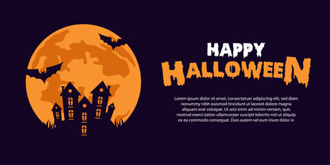 Halloween Night Background with Castle and bat on the Moonlight in Flat Cartoon with copy space area