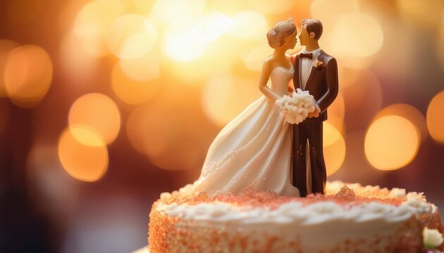 Close-up of bride and groom figurines on a wedding cake topper