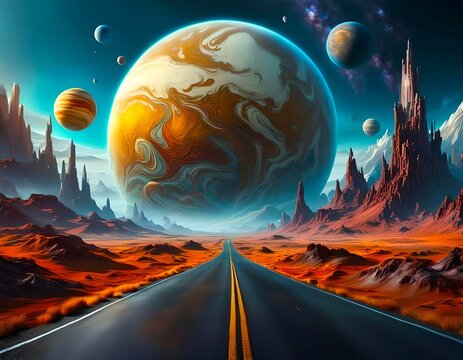 Journey to Proxima Centauri b. Road to Cream-Brown Planet. Generative AI illustration