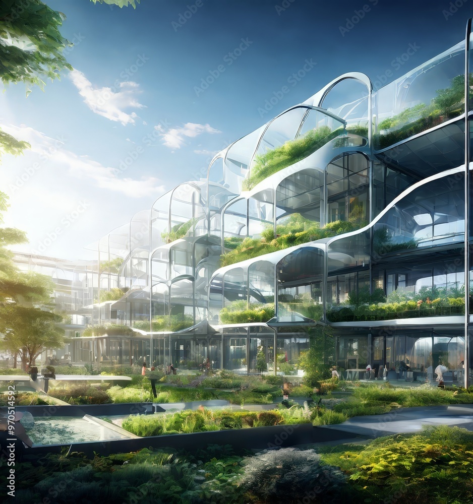 Aufkleber a futuristic architectural design with a series of curved glass and steel structures, surrounded by a lush, green garden and a clear blue sky.