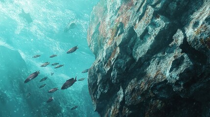 Obraz premium Design a captivating scene of a school of fish swimming near an underwater cliff.
