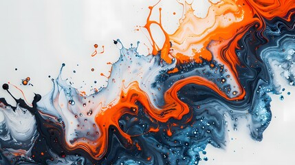 Obraz premium A marble effect of dark blue and orange paint on a white background creates a clean, modern design with ample copy space for customization
