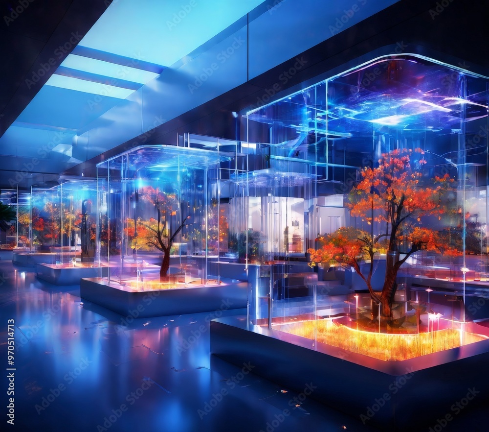 Poster a futuristic indoor space with a series of glass enclosures housing a variety of trees, each with a unique color and shape. The trees are illuminated by a blue light, creating