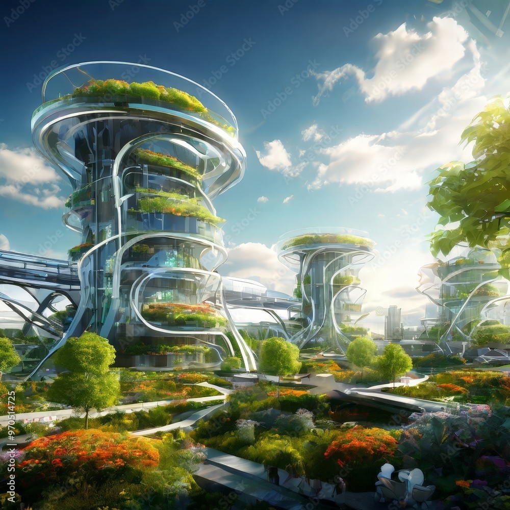 Poster a futuristic cityscape with towering, circular structures covered in greenery, surrounded by a vibra