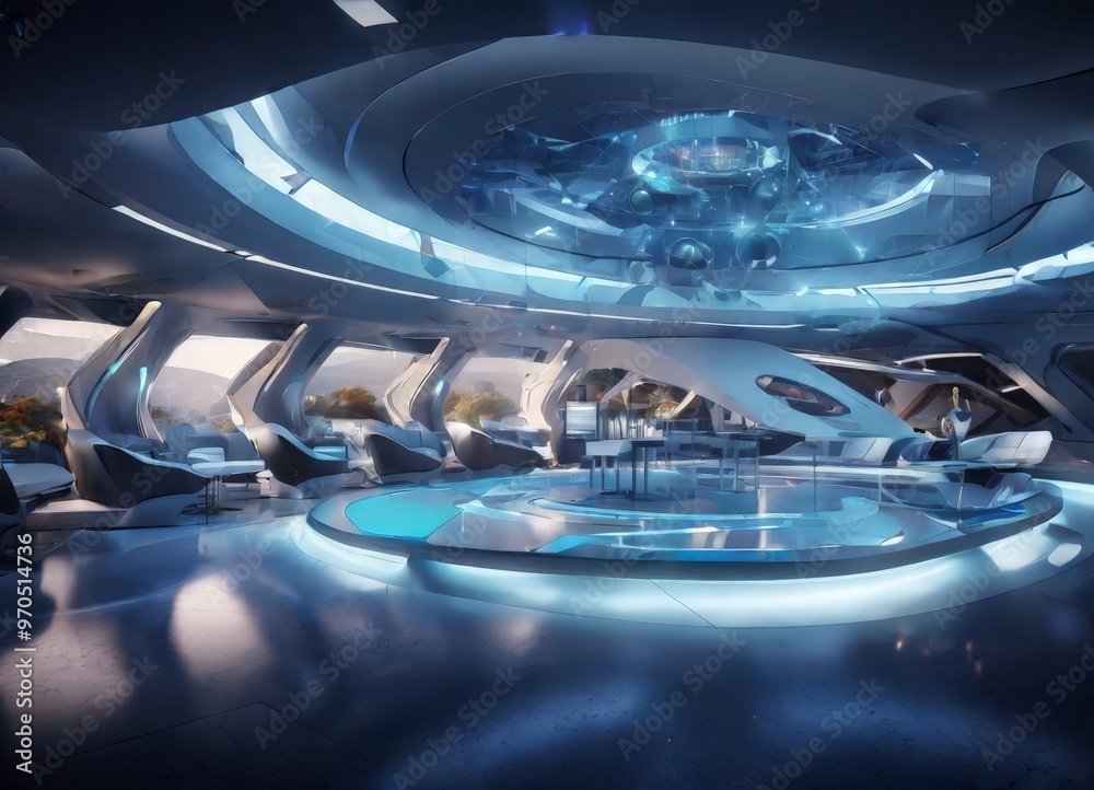 Poster a futuristic lounge area with curved walls, a circular platform, and a large circular light fixture at the center. The lounge is surrounded by large windows offering views of
