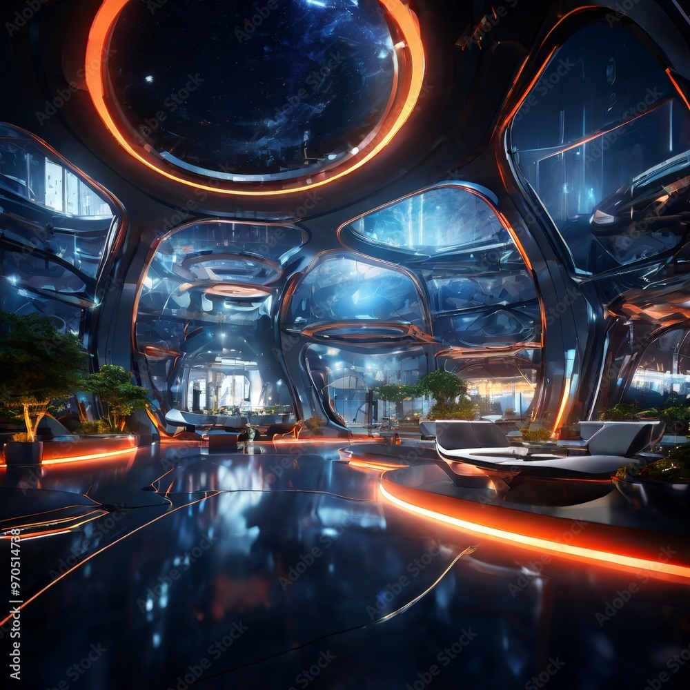 Aufkleber a futuristic, circular lobby with a curved ceiling and a large circular window at the center, surrou
