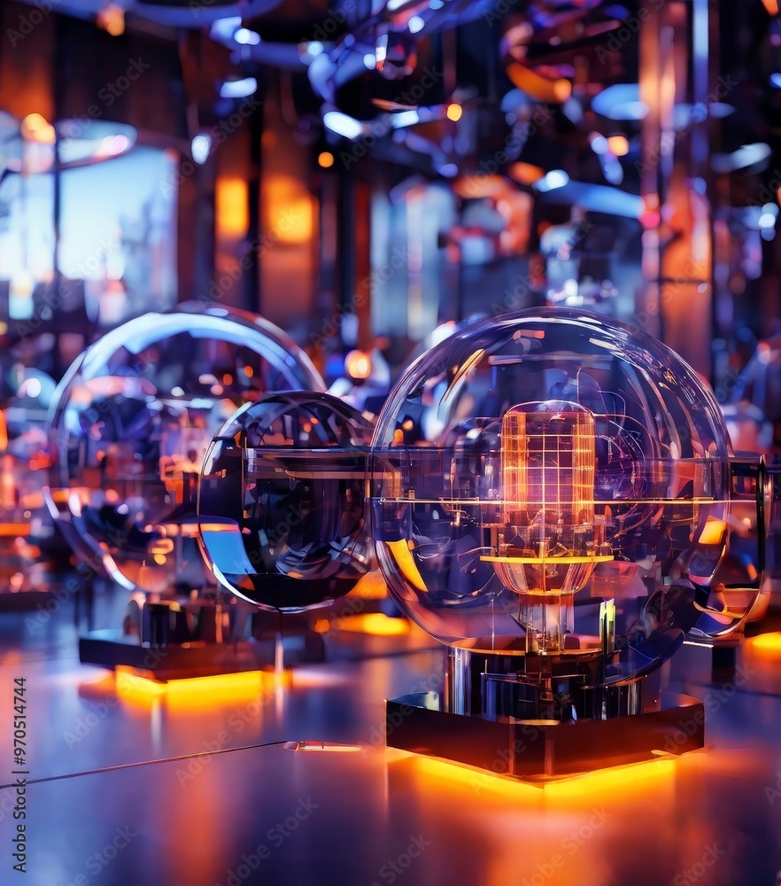 Aufkleber a collection of glass spheres with a glowing orange light inside, arranged on a reflective surface. 