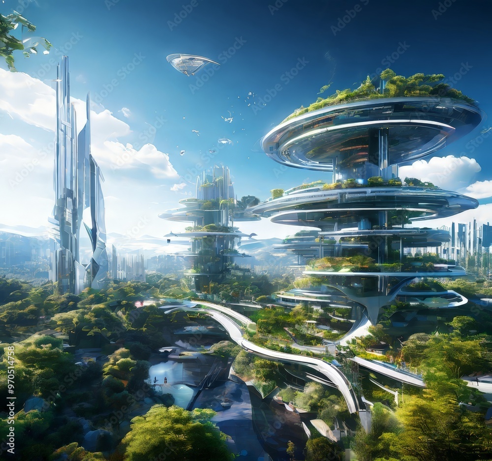Aufkleber a futuristic cityscape with towering structures, lush greenery, and a hovering spaceship in the sky,