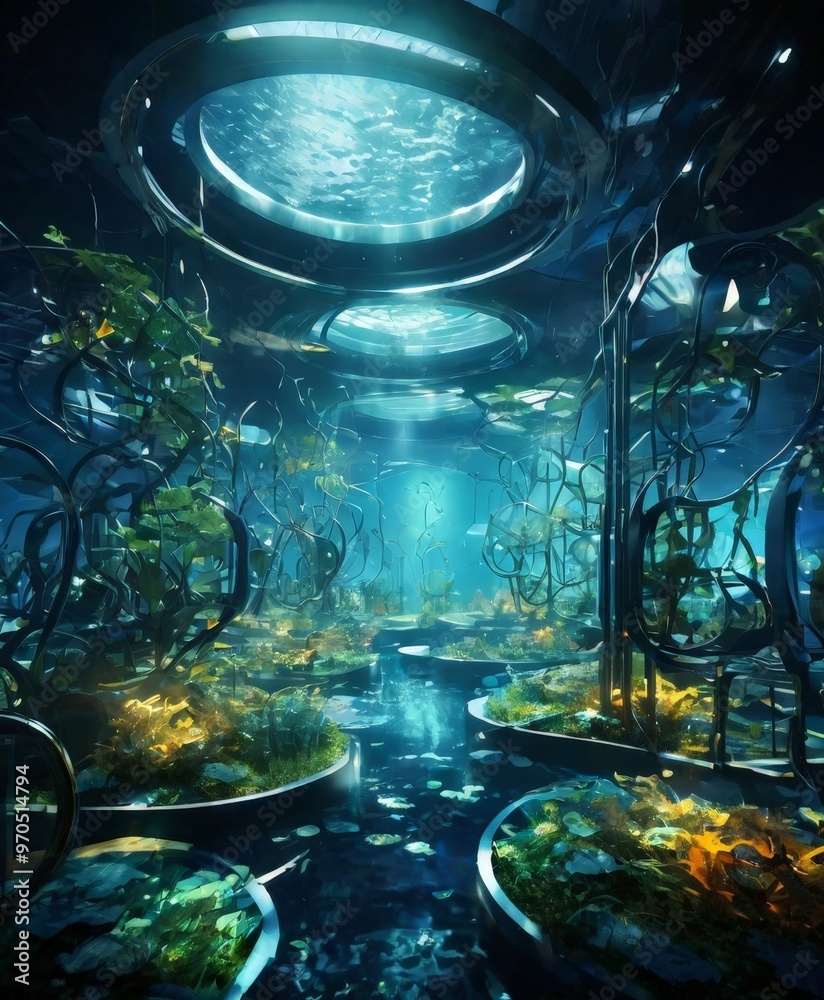 Poster a futuristic underwater environment with a circular opening at the top, surrounded by a variety of p