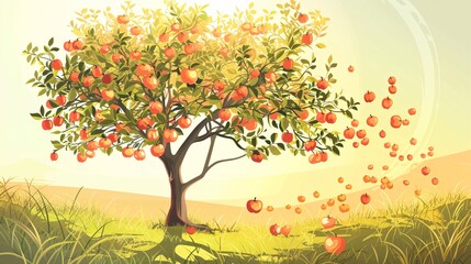 Obraz premium 7. A summer scene featuring an apple tree with abundant fruit, illustrated in vector style. The tree is full of apples, with leaves gently swaying in the summer breeze. The bright, sunny background