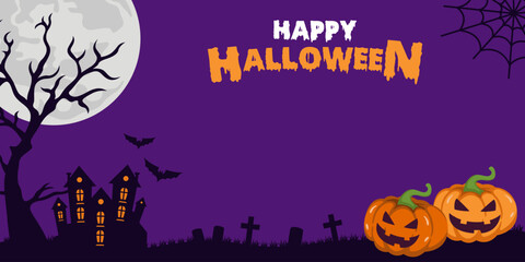 halloween background with spooky pumpkins, full moon, castle, and graveyard. With copy space area