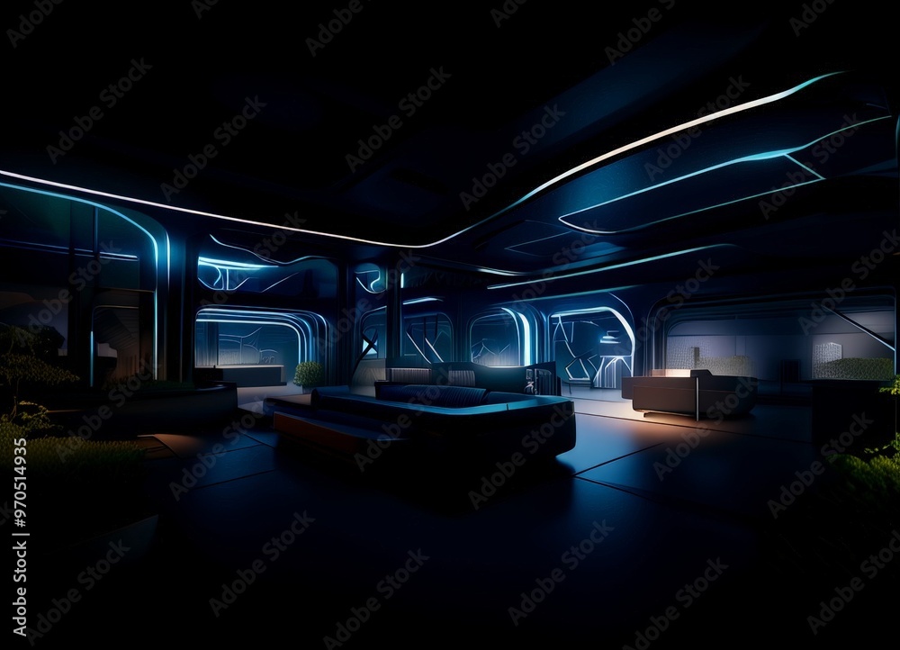 Poster a futuristic, high-tech lobby with sleek, curved architecture, large windows, and a minimalist desig