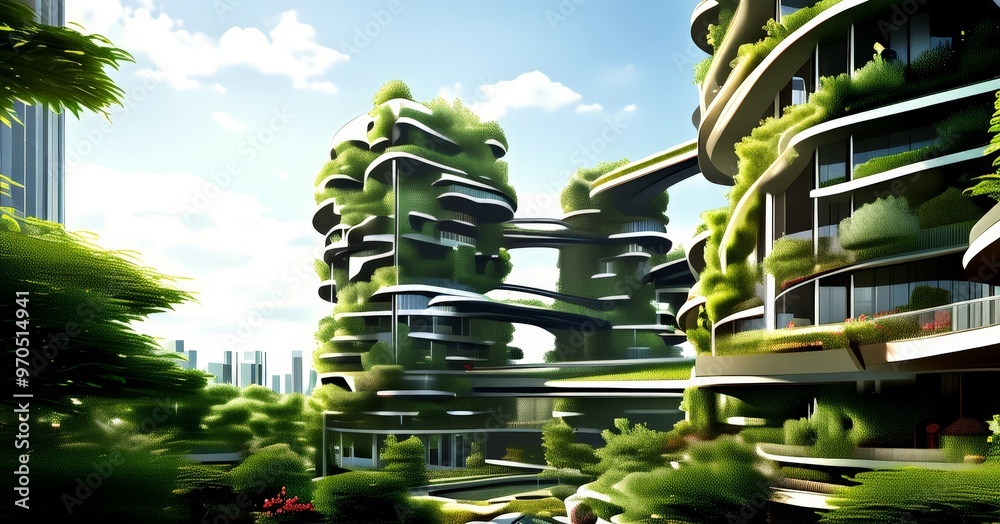 Aufkleber a futuristic architectural design with a series of interconnected buildings covered in lush greenery, set against a backdrop of a clear blue sky and distant cityscape.