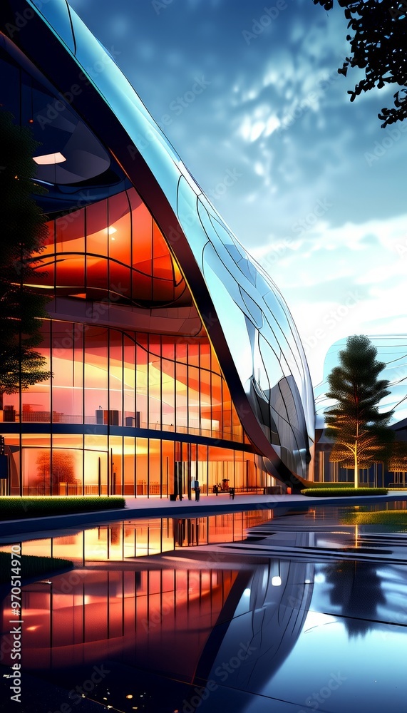Poster a modern architectural structure with a curved facade, large glass windows, and a reflective pool in