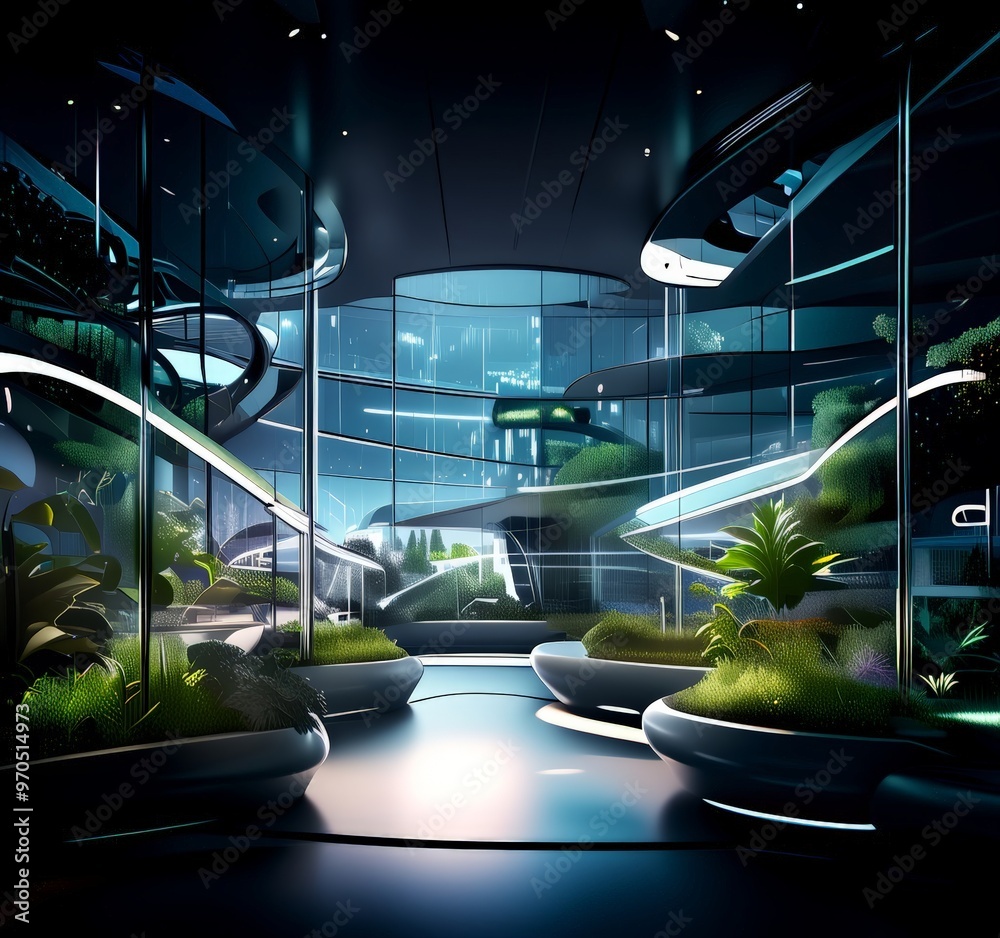 Poster a futuristic indoor space with curved walls, large windows, and a variety of plants arranged in circ