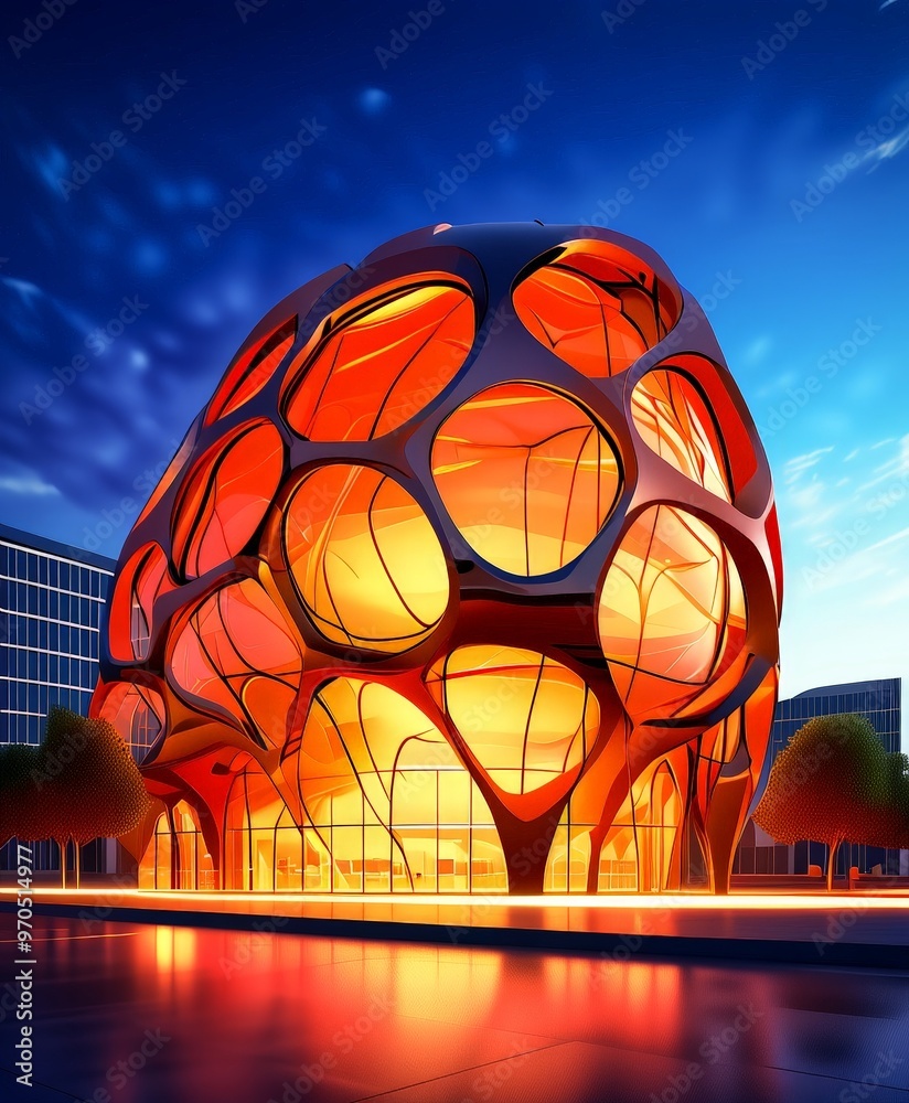 Poster a futuristic, spherical building with a unique, organic-looking structure, illuminated by a warm ora
