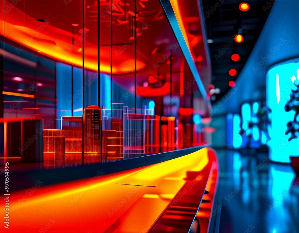 Poster a futuristic interior space with a curved wall, a long table, and a cityscape model on the left side. The scene is illuminated by a mix of red, blue, and yellow lights, creating