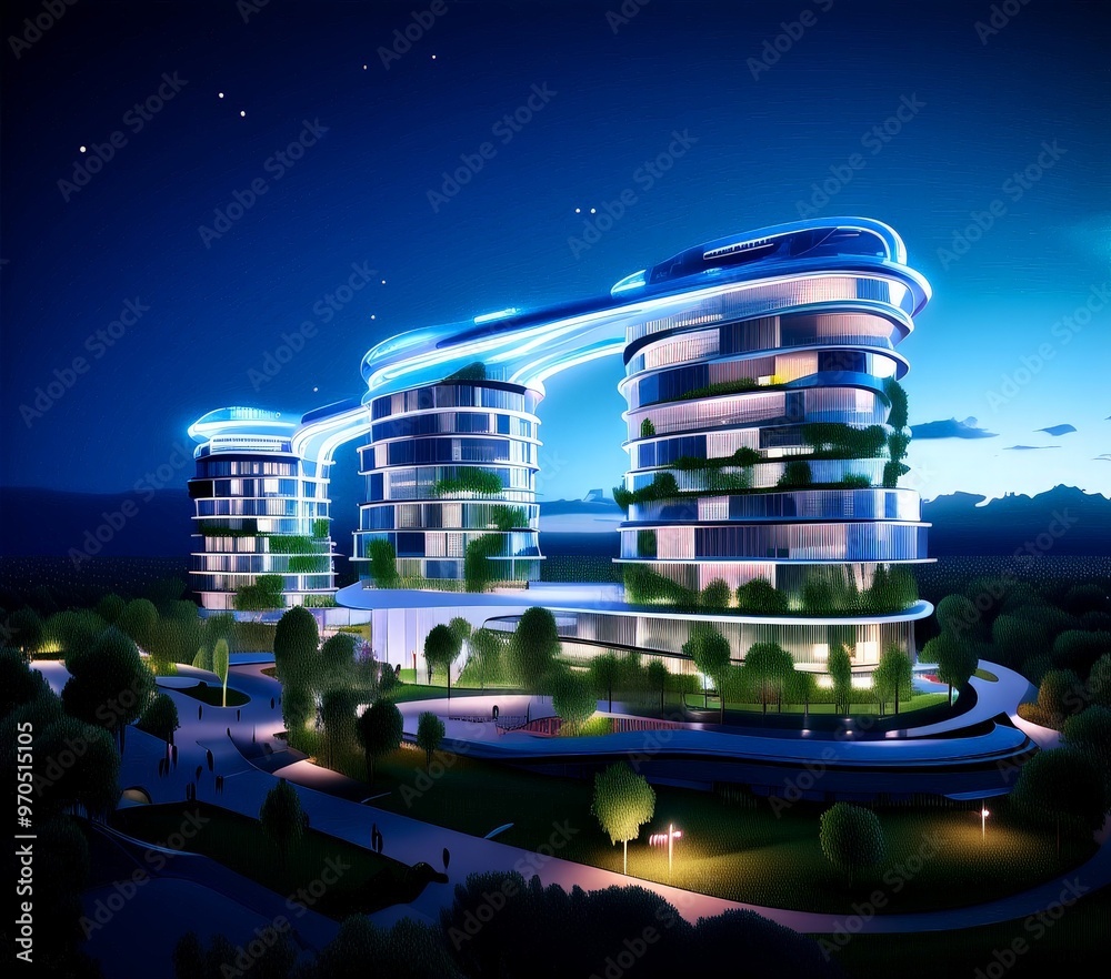 Poster a futuristic architectural design with multiple curved towers, illuminated at night against a starry