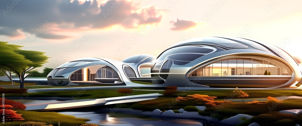 Aufkleber a futuristic architectural design with curved, domed structures set against a serene landscape at su