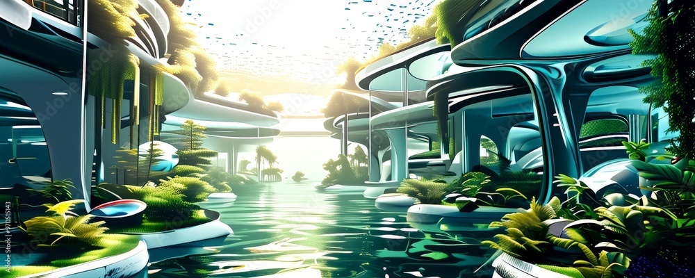 Poster a futuristic cityscape with a river flowing through it, surrounded by lush greenery and towering structures with curved roofs.