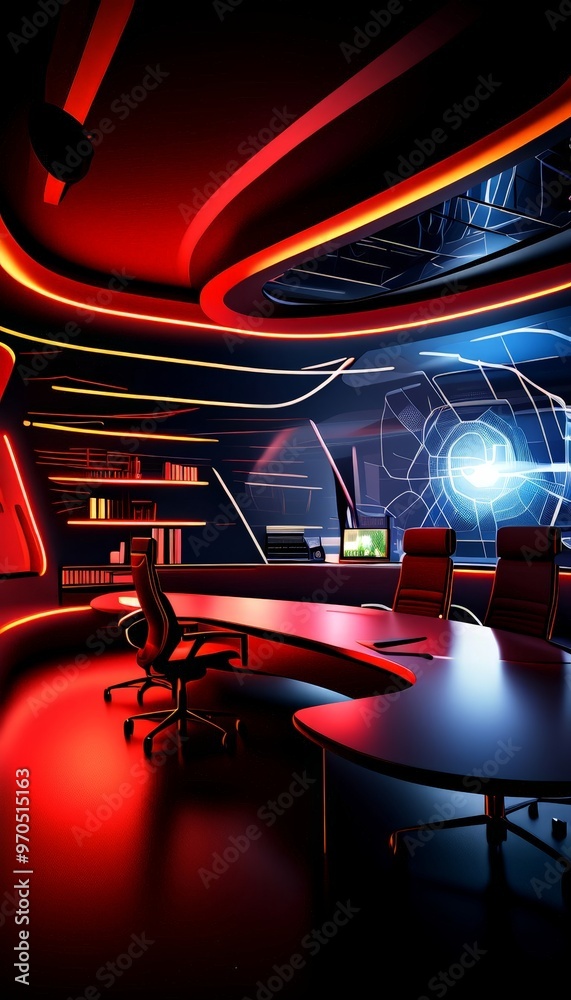 Poster a futuristic, high-tech office space with a curved desk, two chairs, and a large screen displaying a map. The room is illuminated by red and blue lights, creating a striking
