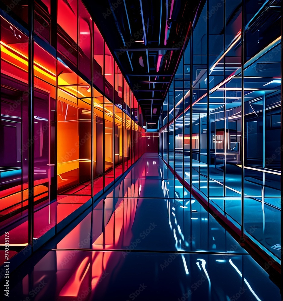 Leinwandbilder a long, narrow corridor with glass walls on both sides, illuminated by a series of colorful lights t