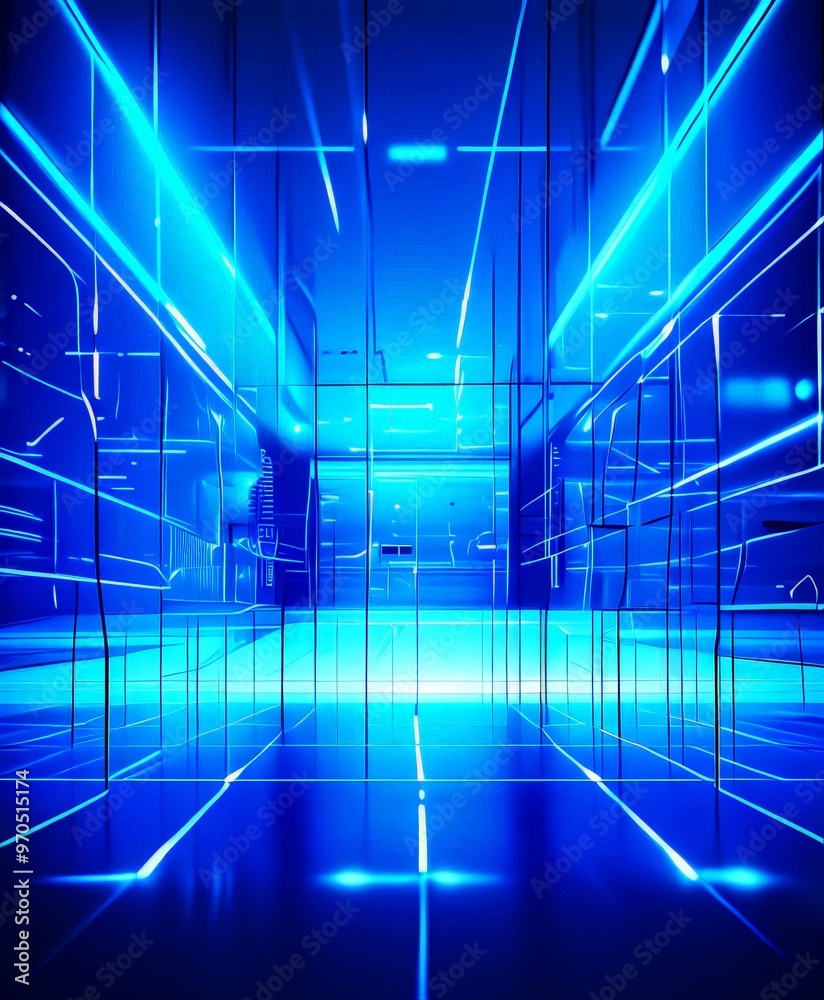 Leinwandbilder the image presents a futuristic, abstract interior space with a grid-like pattern of blue and white 