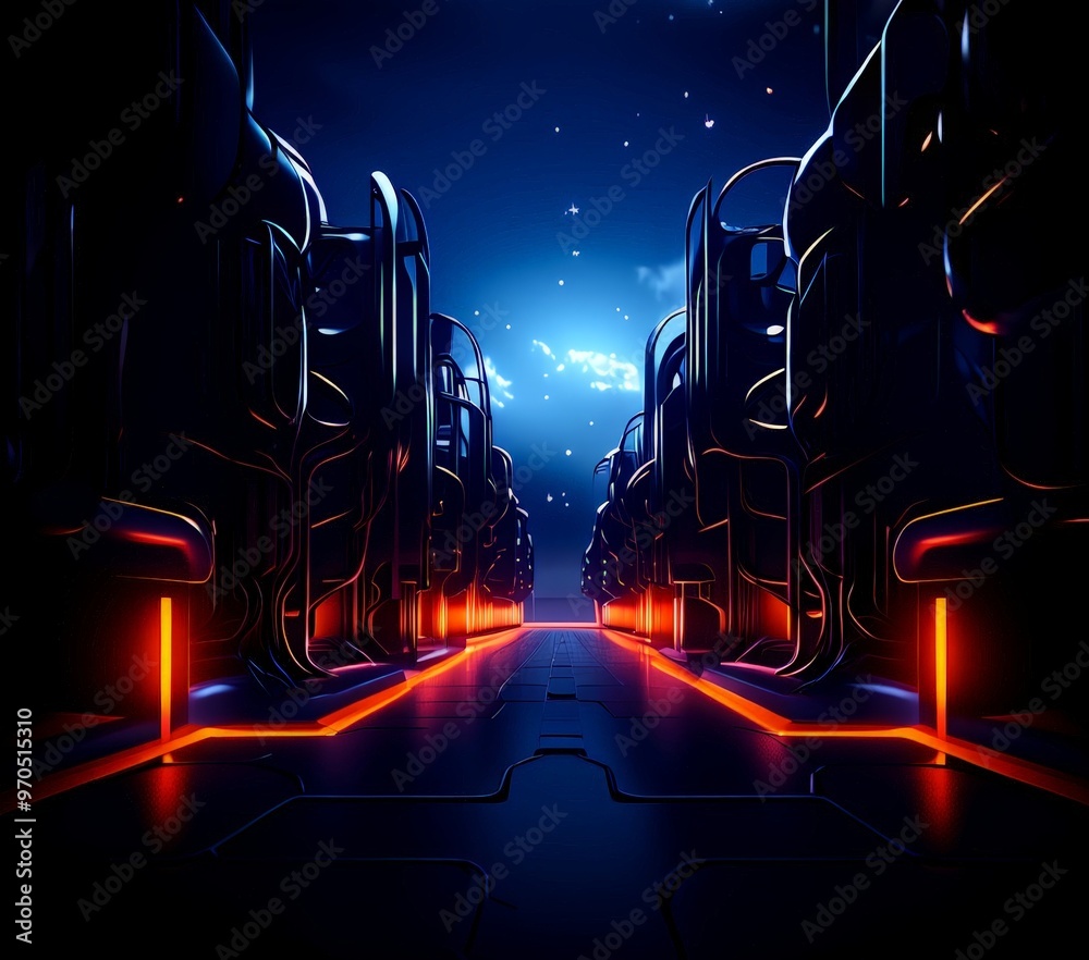 Poster a futuristic cityscape with towering structures illuminated by a mix of red and blue lights, set aga