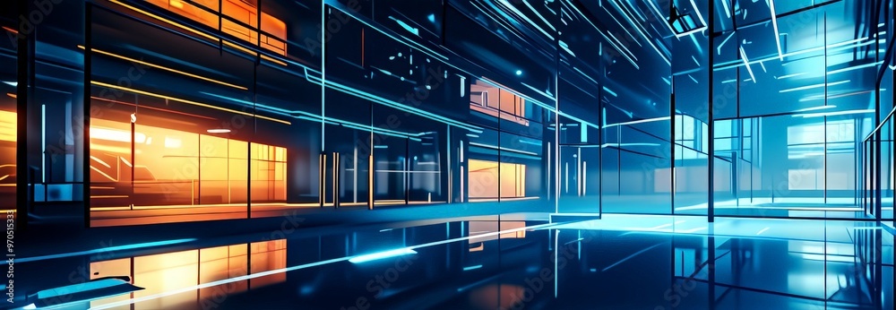 Aufkleber The image presents a futuristic interior space with a grid-like pattern of glowing lines and windows, creating a sense of depth and dimension. The scene is illuminated by a mix