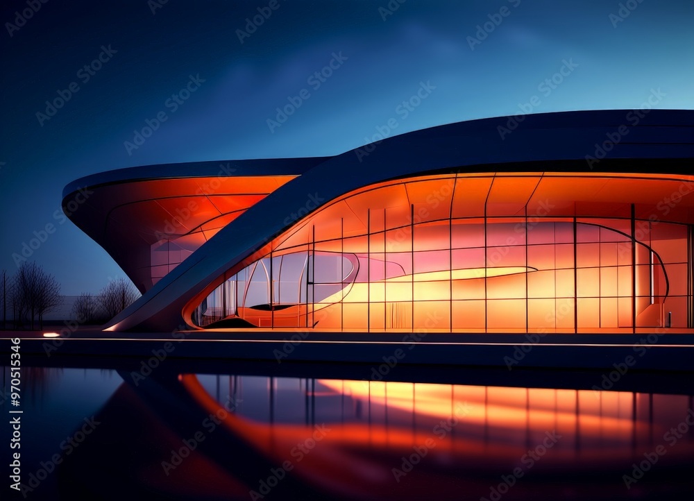 Poster the modern building with a curved roof and large glass windows is illuminated by orange and pink lig