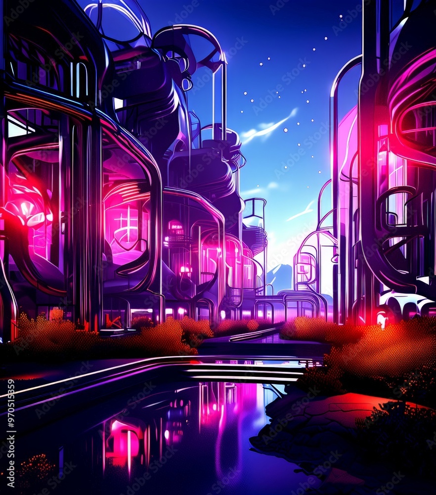Aufkleber a futuristic cityscape with towering structures, neon lights, and a reflective pool in the foregroun