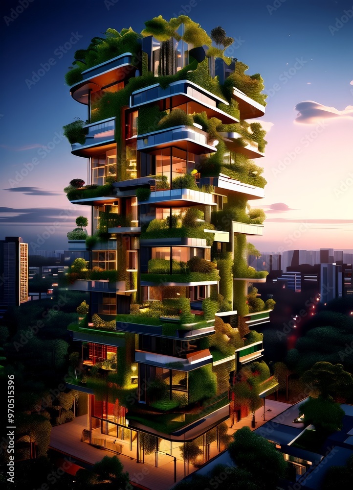 Poster a towering residential building with a unique, vertical design, featuring a lush, verdant facade tha