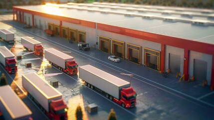 A large red building with many trucks parked in front of it
