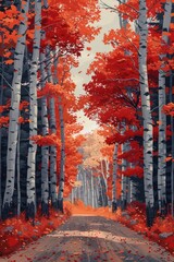 A serene autumn scene featuring a winding road flanked by vibrant red and orange trees.