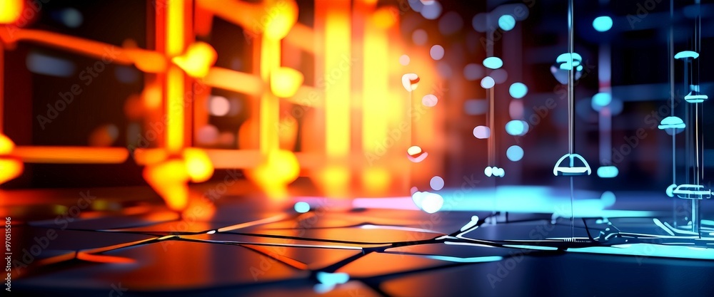 Aufkleber a futuristic, abstract scene with a complex network of glowing lines and shapes, creating a sense of depth and dimensionality. The background is dark, with a warm, orange