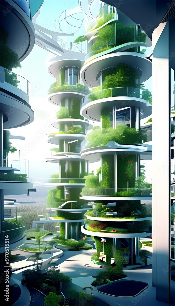 Aufkleber a futuristic architectural design with multiple levels of green, vertical structures, creating a unique and immersive environment.
