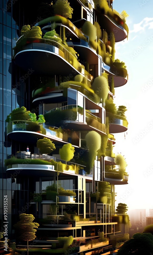 Aufkleber a modern architectural structure with a unique design, featuring a series of balconies and terraces 