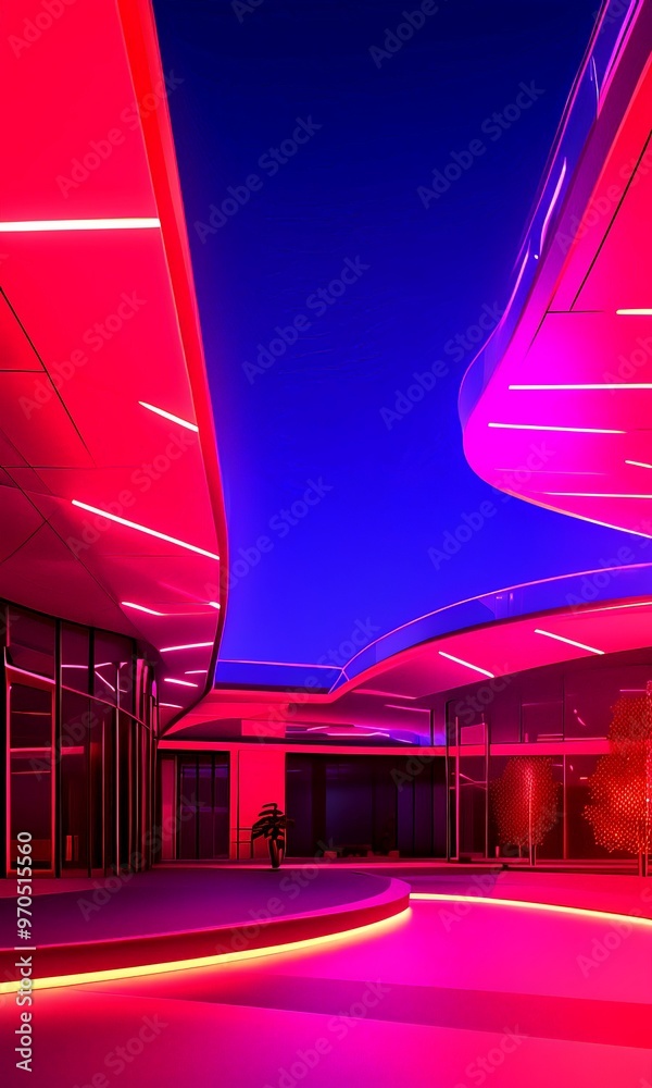 Aufkleber a modern architectural structure with curved walls and a curved ceiling, illuminated by a vibrant mi