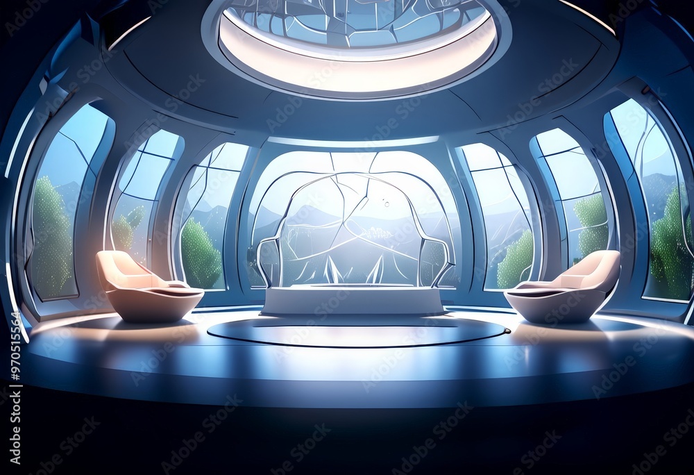 Poster a futuristic, circular room with curved walls, large windows, and a circular platform in the center.